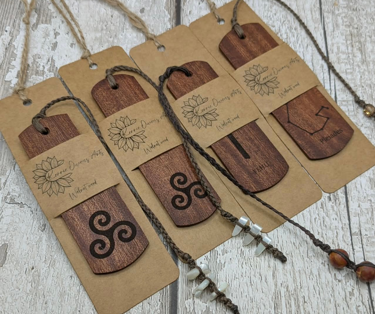 Walnut wood handmade bookmark with fehu Norse rune laser print.