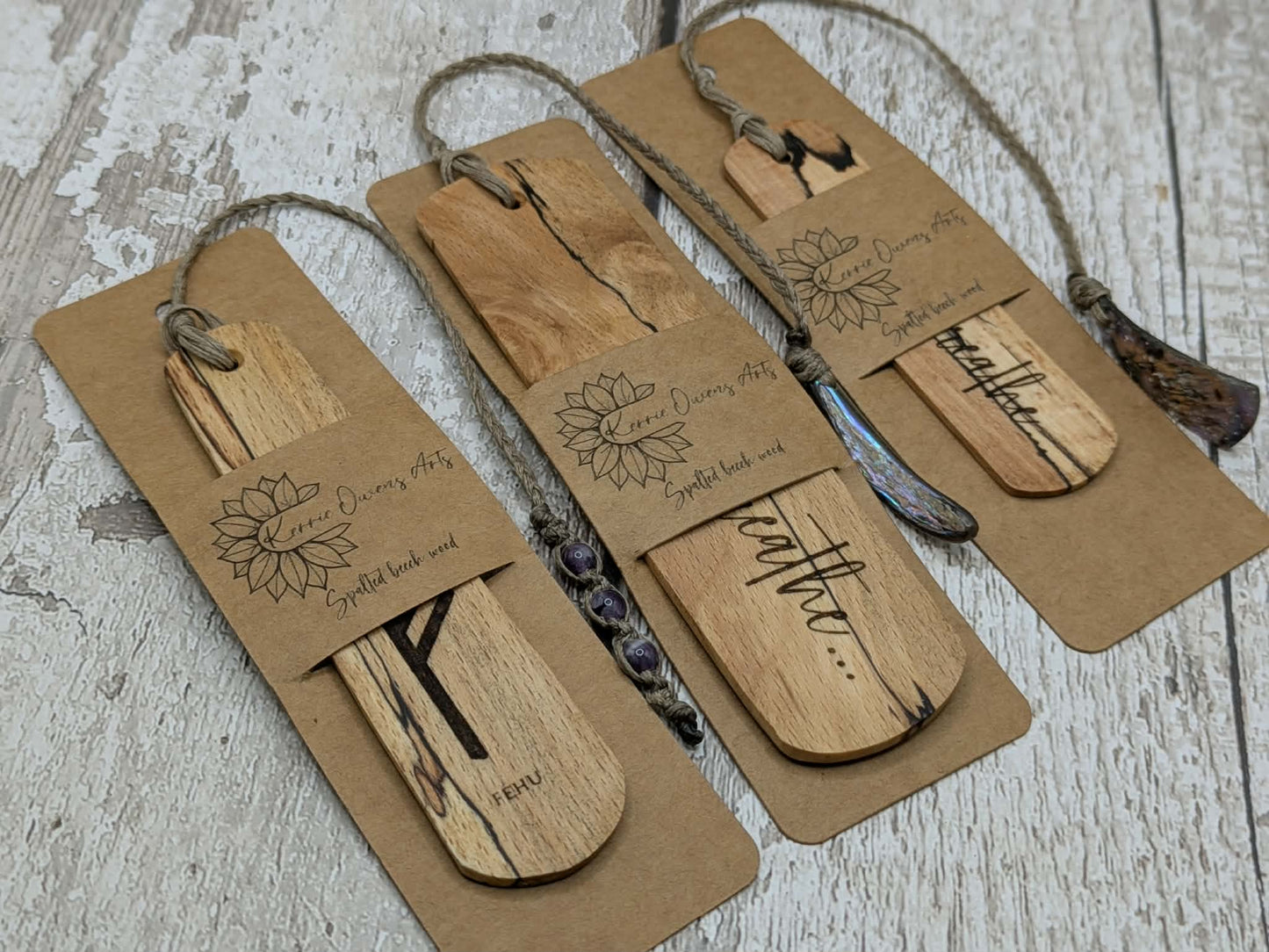 Spalted beech wood handmade fehu rune bookmark.