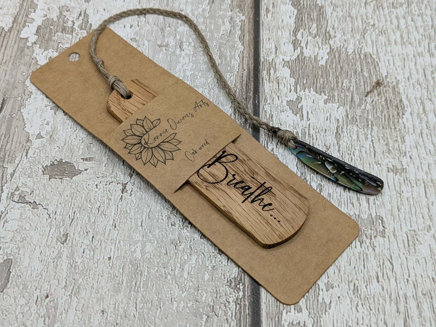 Breathe oak wood carved and laser printed bookmark.