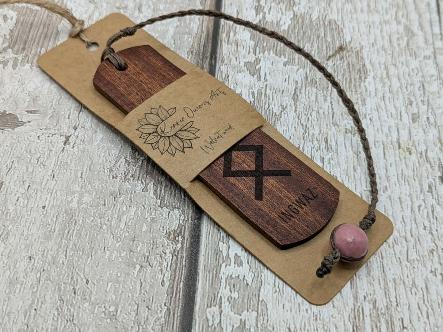 Walnut wood hand made bookmark with inhwaz rune laser print.