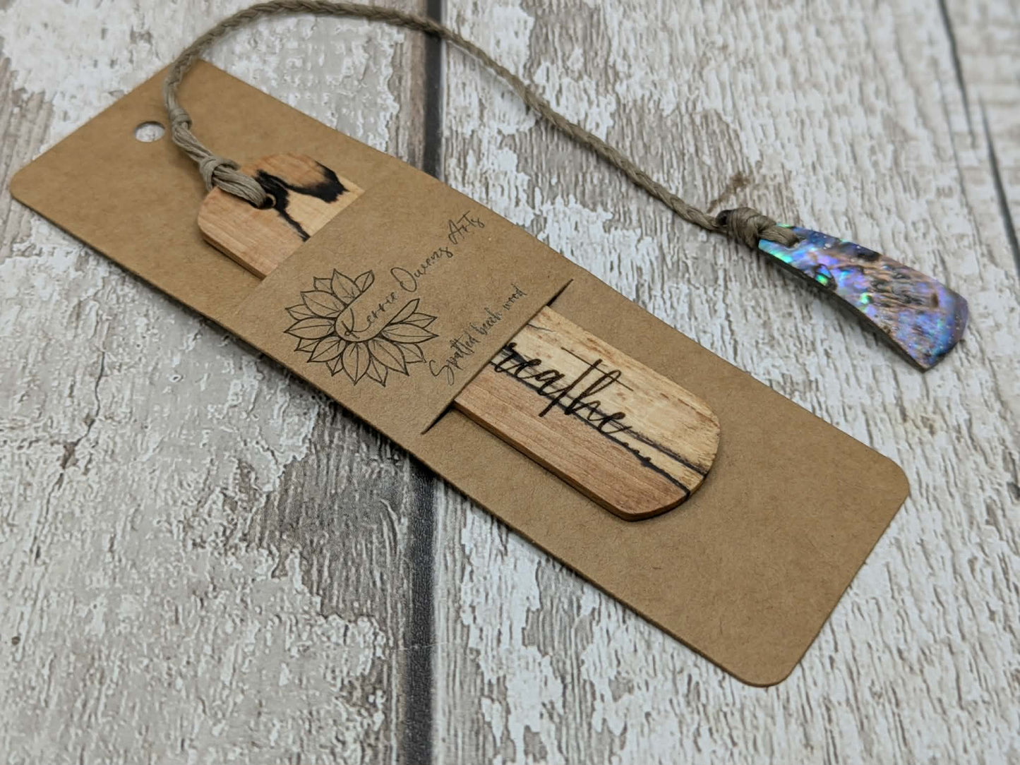 Spalted beech hand made wooden bookmark with laser printed breath mantra.
