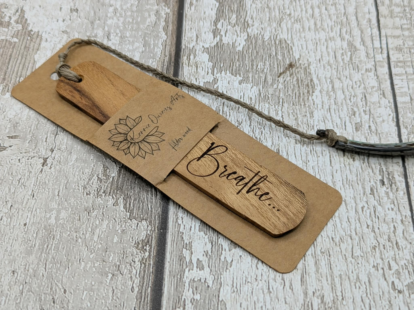 Handmade Alder wood book mark with laser printed breathe mantra.