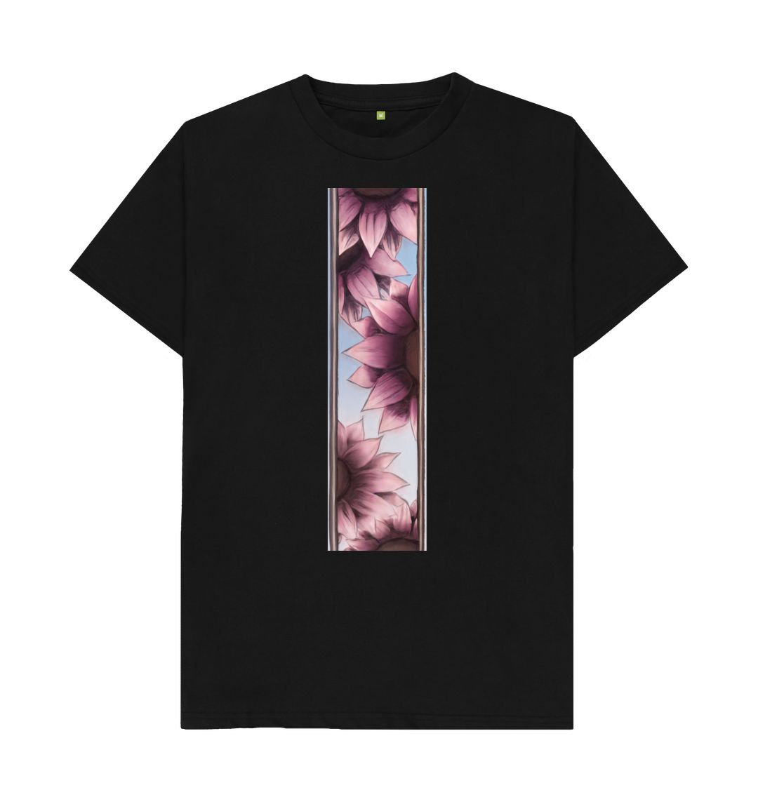 Black Unisex stripe of pink flowers T-Shirt.