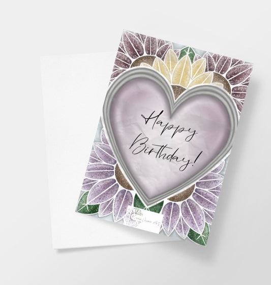 Paint splattered heart birthday greetings card.