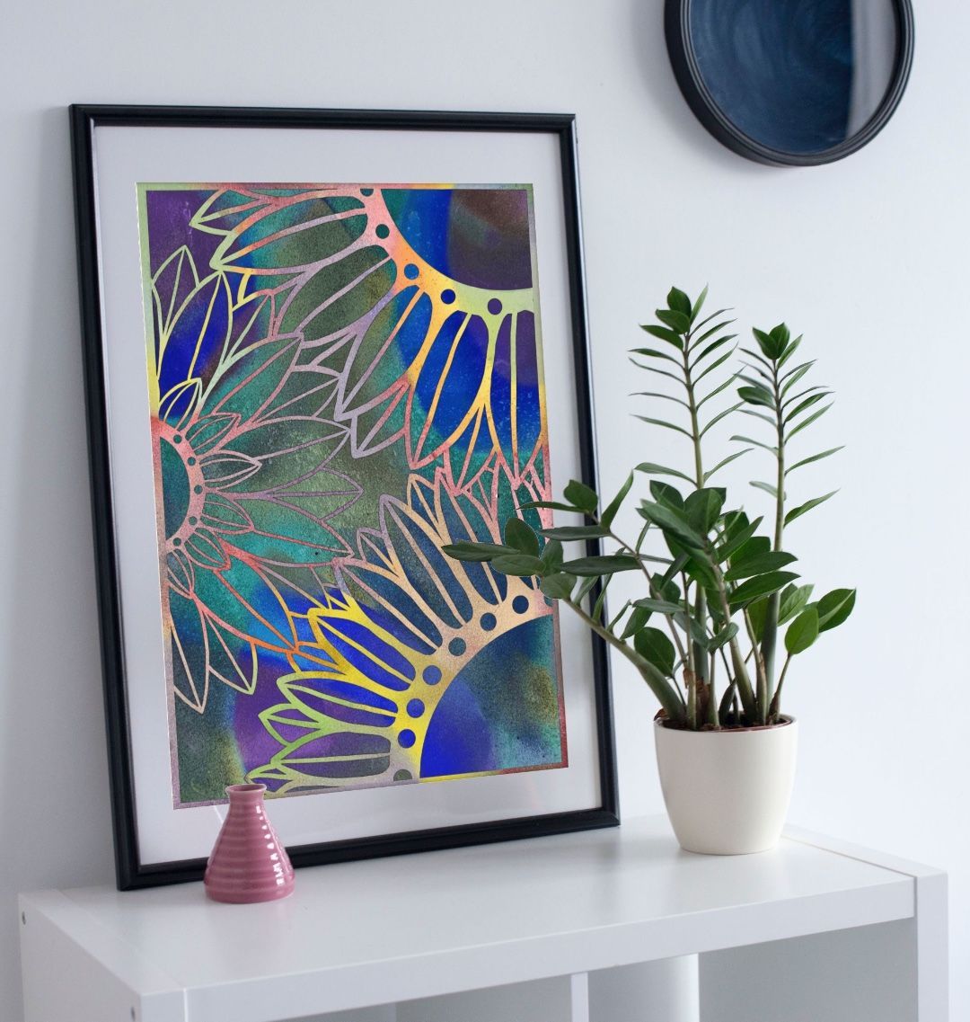 Neon sunflowers poster print.