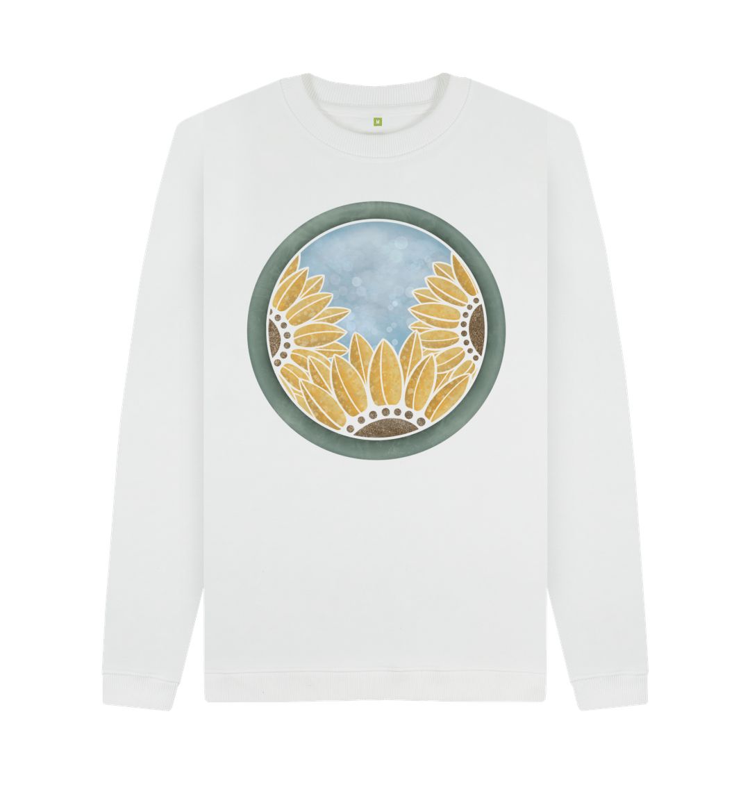 White Unisex triple sunflower sweatshirt.