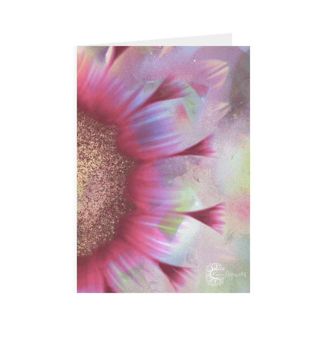 White Spray painted pink sunflower greetings card.