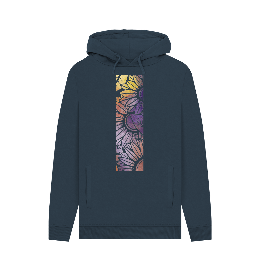 Navy Unisex rainbow spray painted sunflower hoodie.