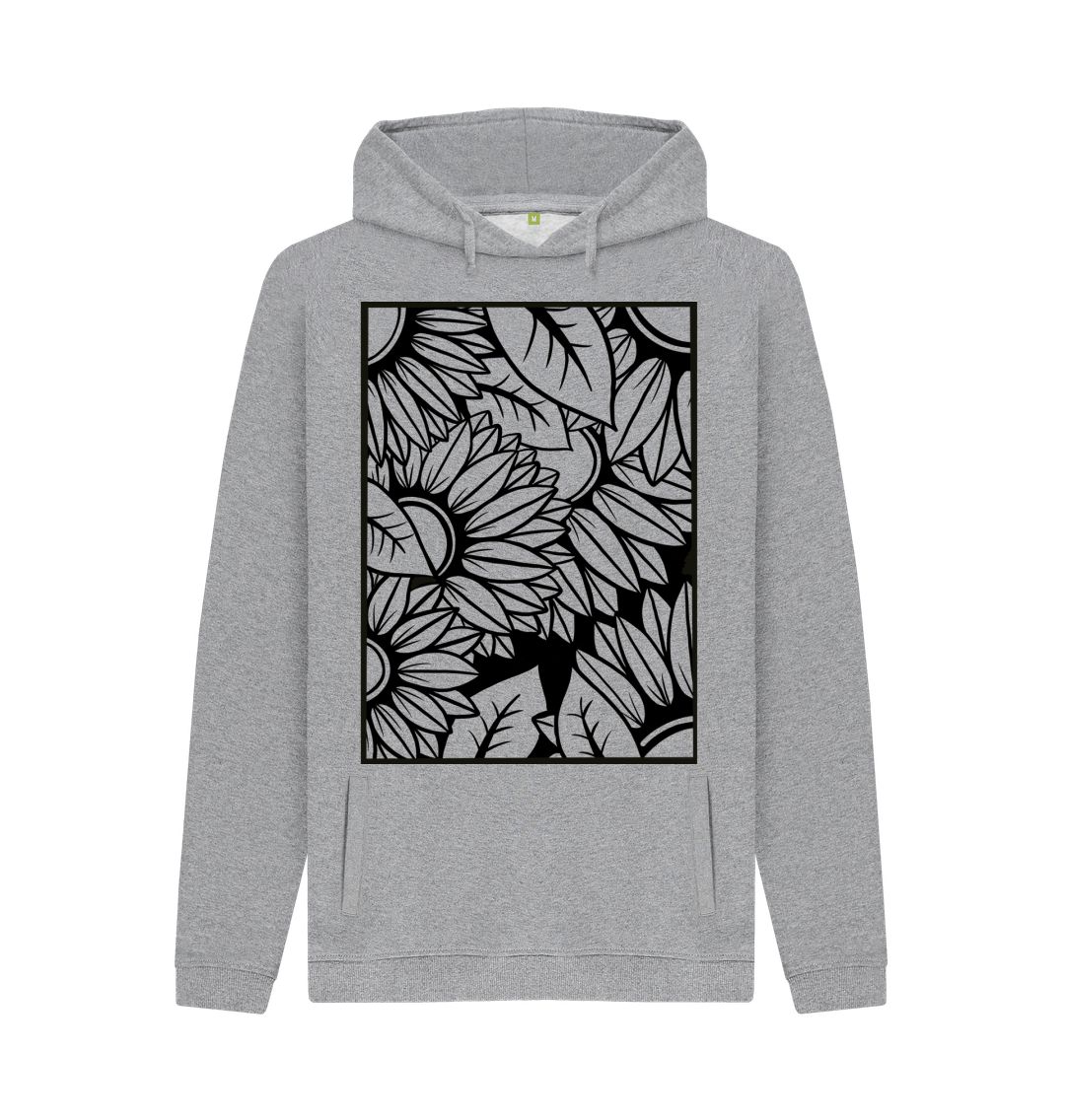 Light Heather Black lined sunflower illustration, hoodie.