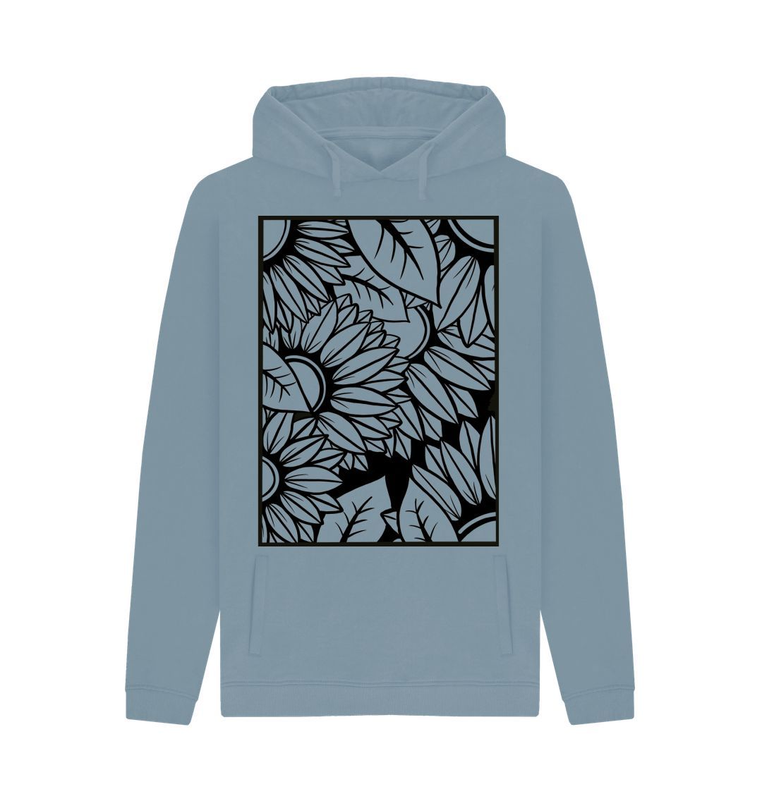 Stone Blue Black lined sunflower illustration, hoodie.