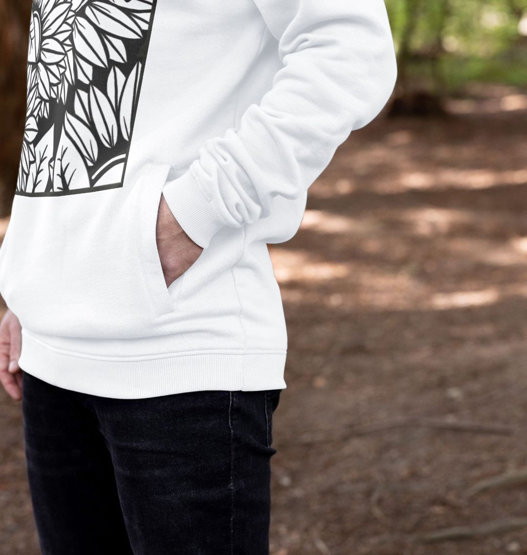 Black lined sunflower illustration, hoodie.