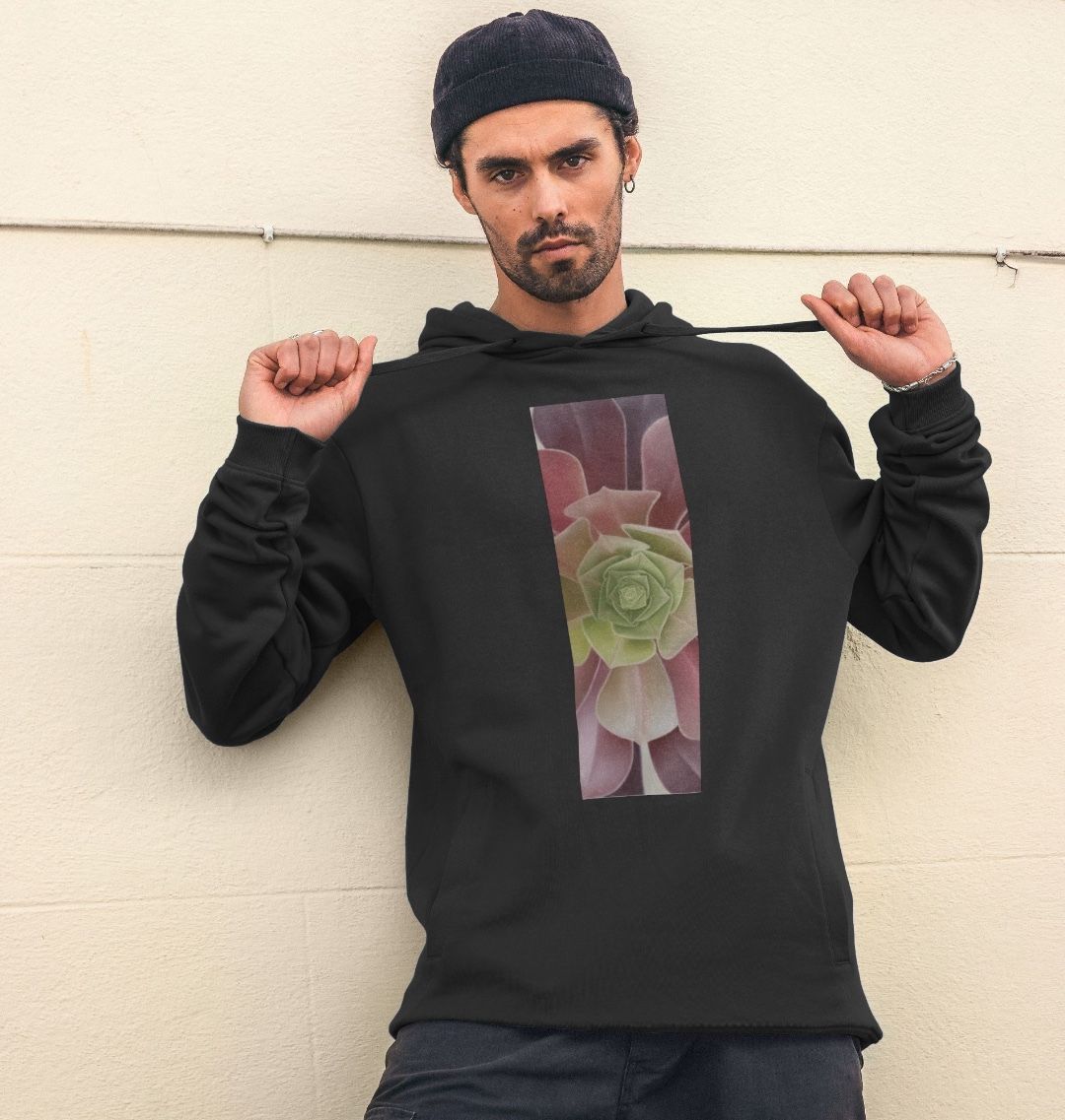 Unisex green to purple ombré succulent banner hoodie.