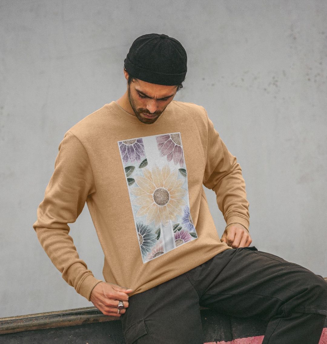Unisex sunflower banner motif sweatshirt.