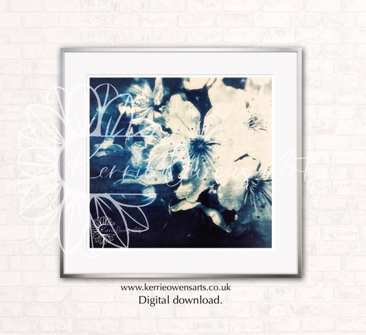 Cherry Blossom Cyanotype Art: Instant Digital Download