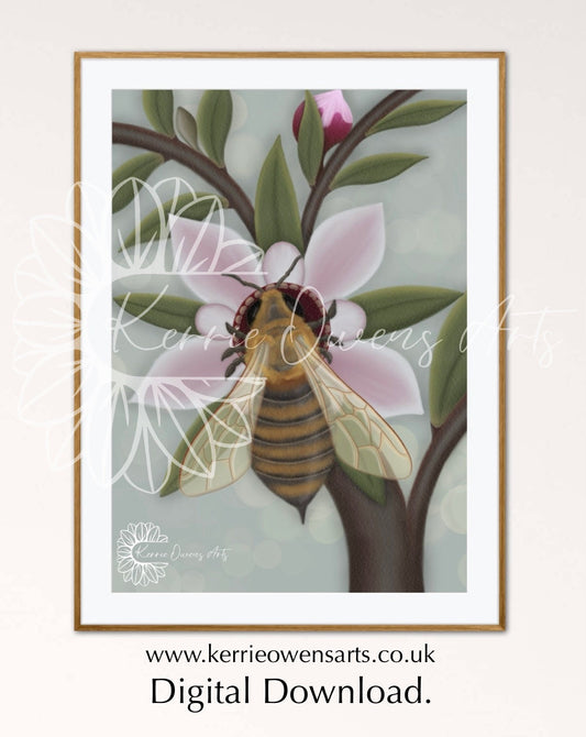 Honey bee on manuka flower illustration digital download.
