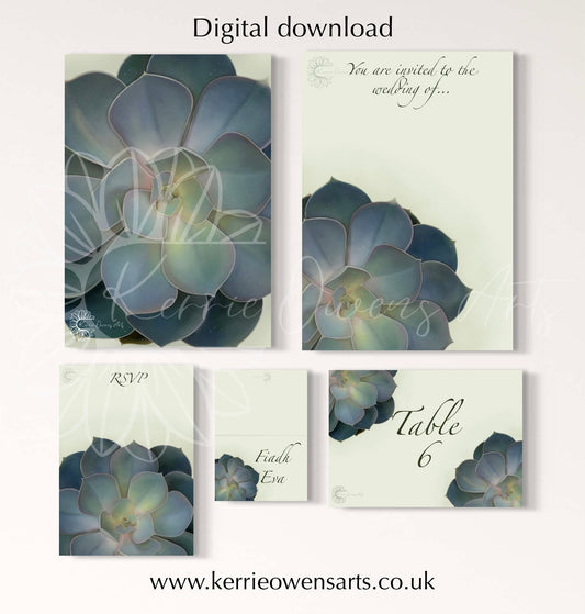 Dark green succulent wedding party stationary pack, digital download.