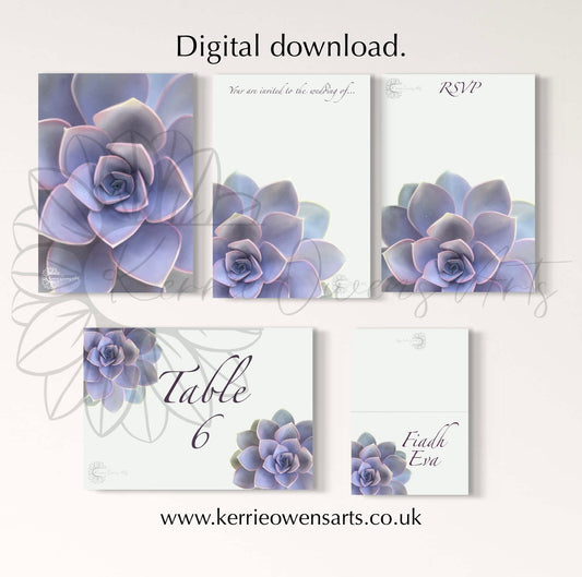 Purple succulents wedding or party stationary pack, digital download.