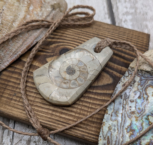 Somerset limestone ammonite fossil pendant.