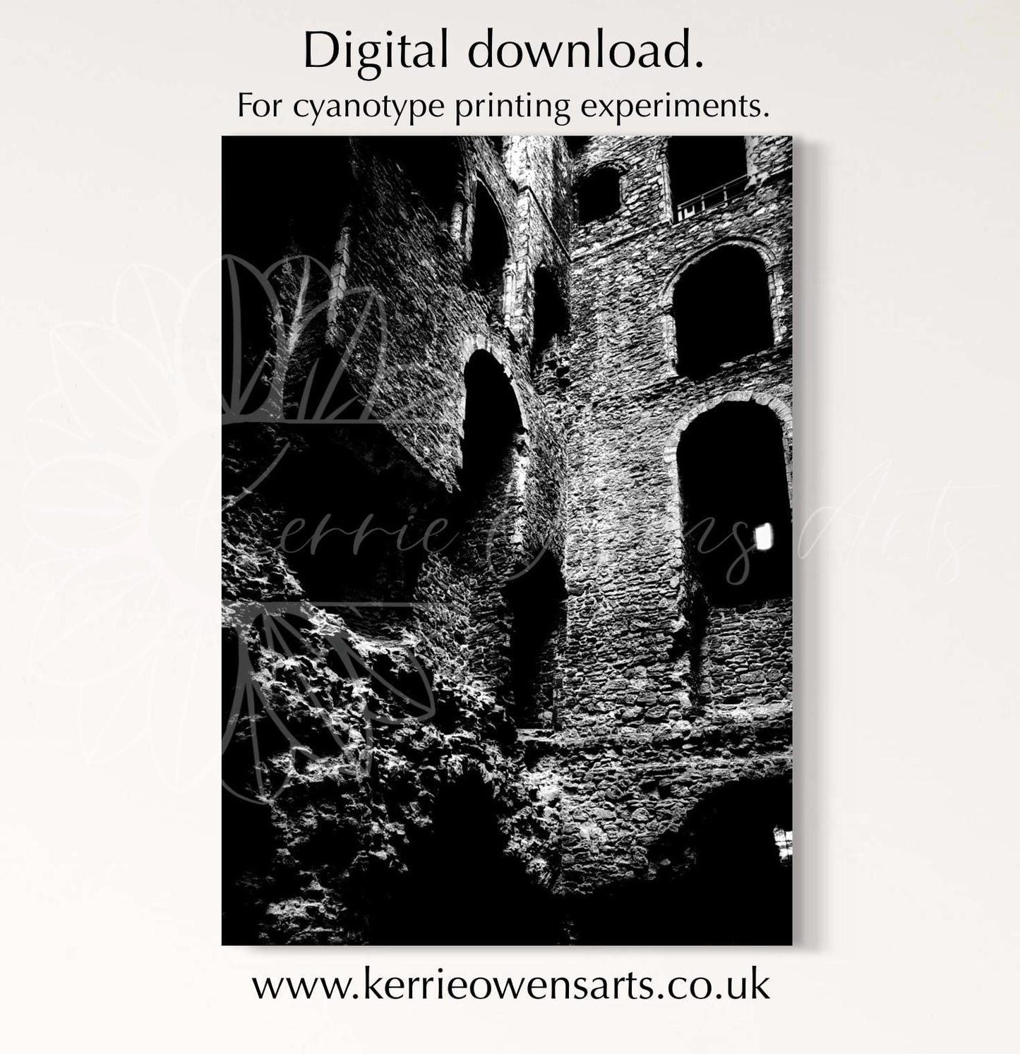 Inside Rochester castle Cyanotype transfer template, digital download, print at home.