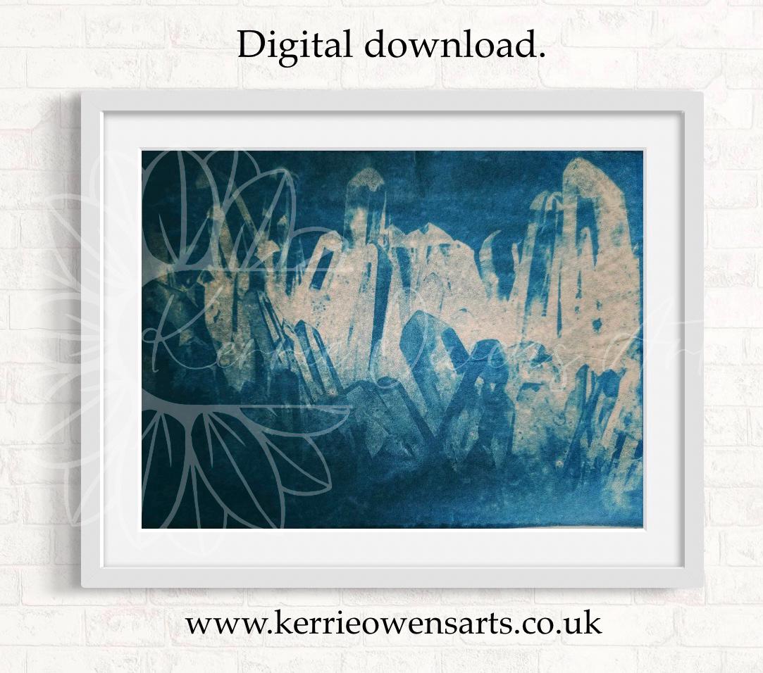 Quartz crystal cluster cyanotype print - Instant digital download wall art.