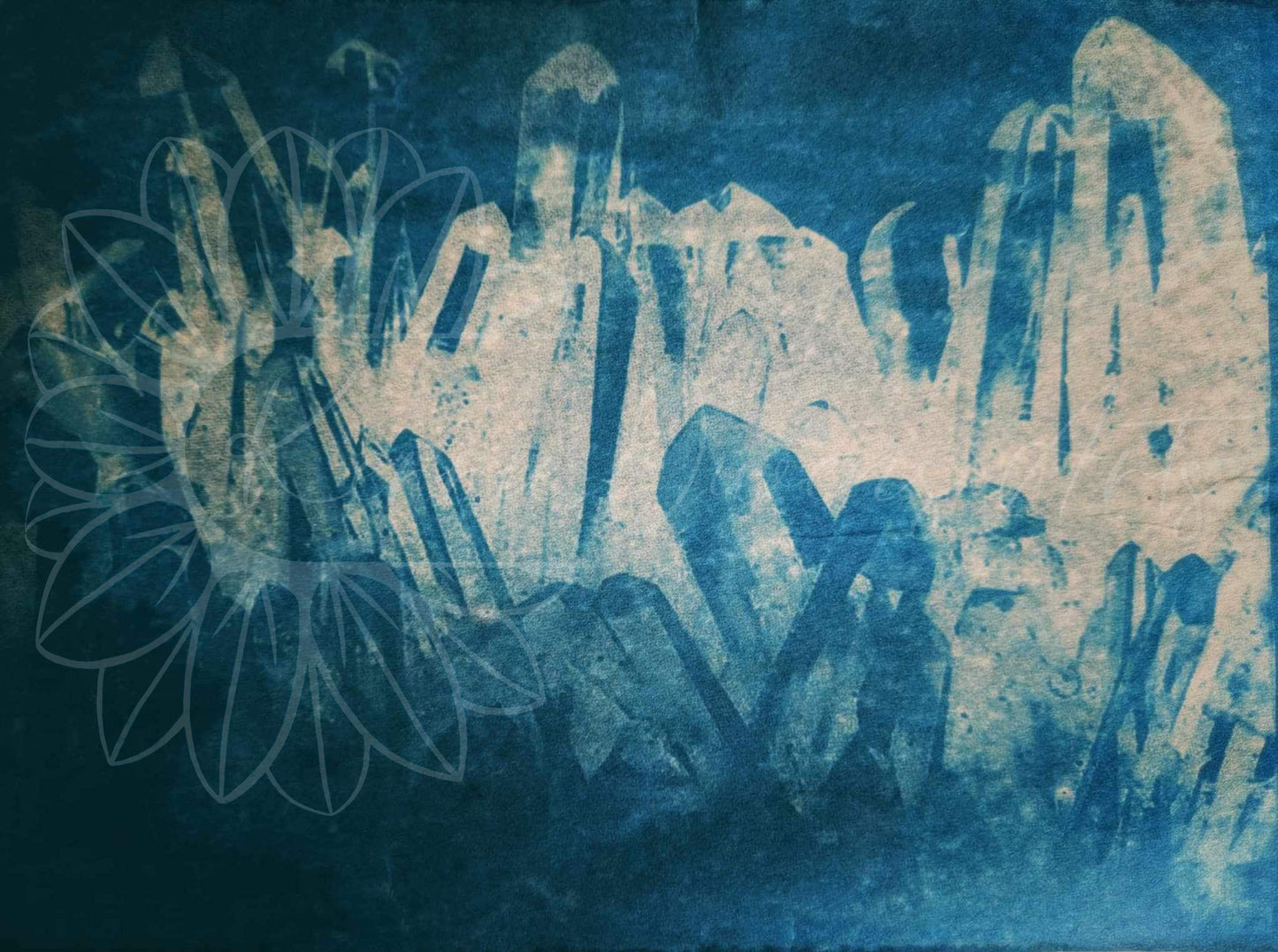 Quartz crystal cluster cyanotype print - Instant digital download wall art.