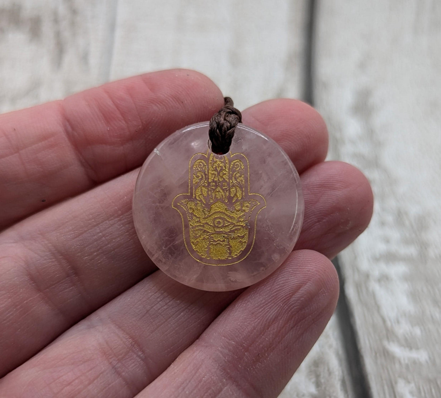 Rose quartz Hamza hand pendant.