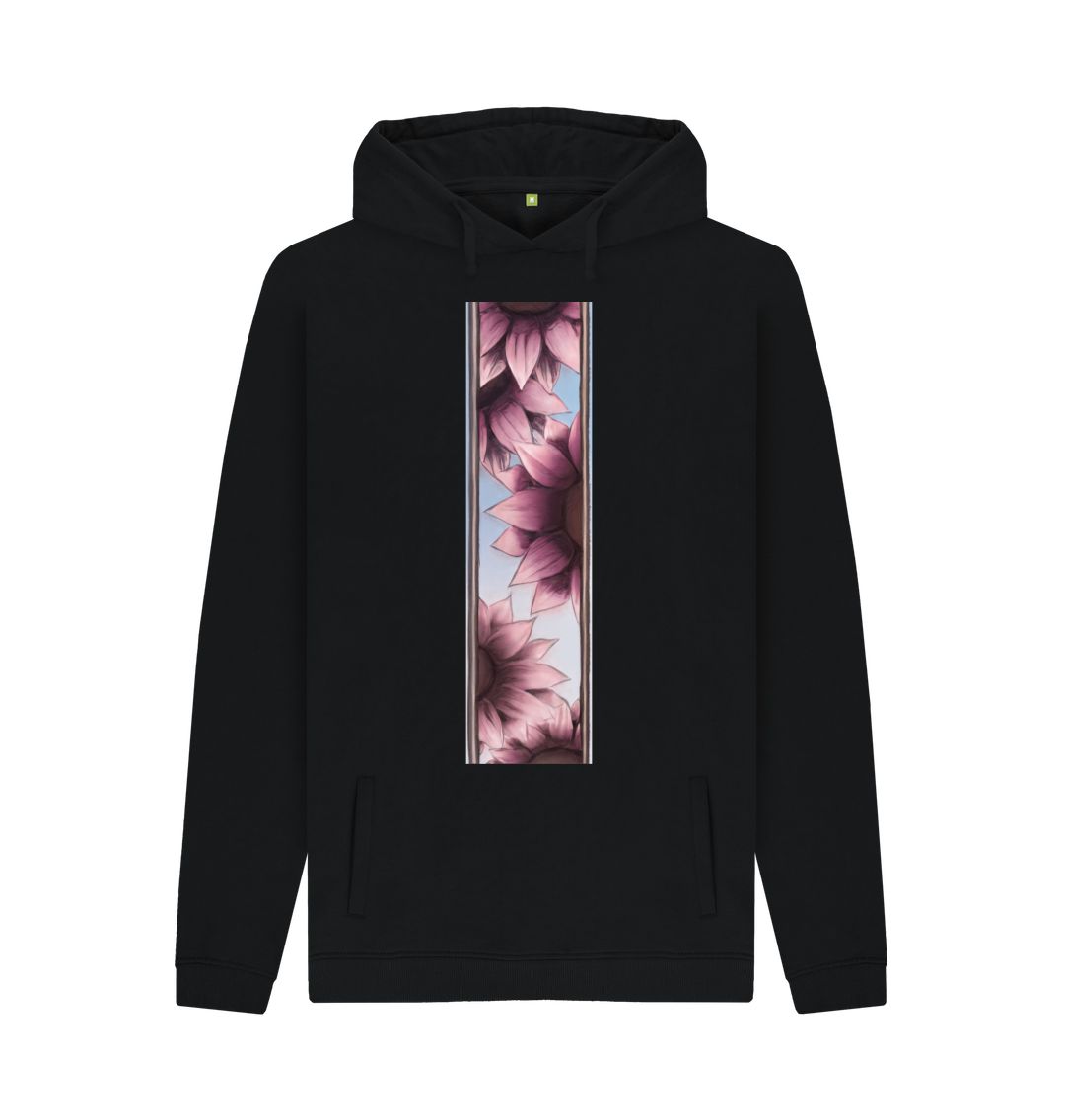 Black Unisex stripe of pink flowers hoodie.