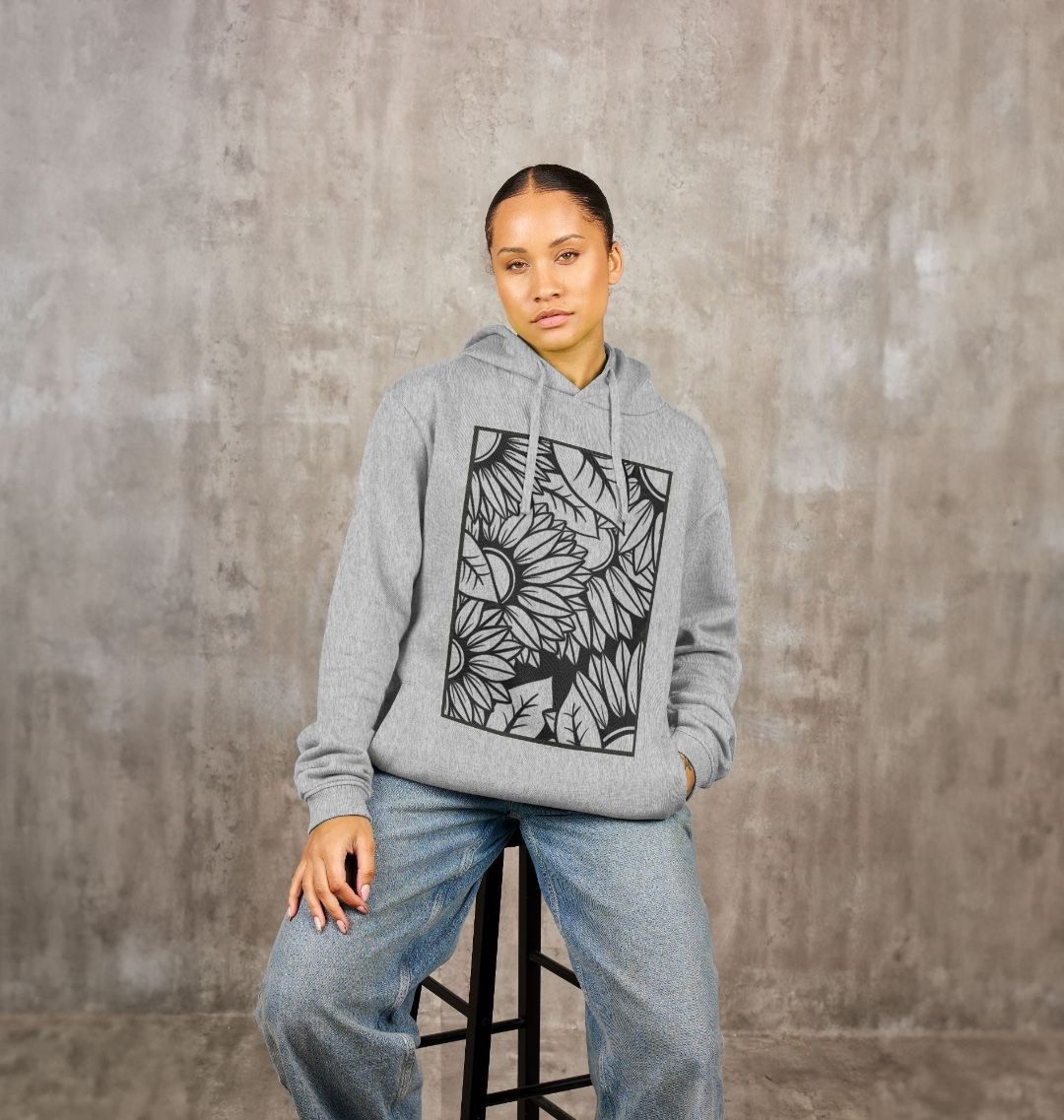 Black lined sunflower illustration, hoodie.