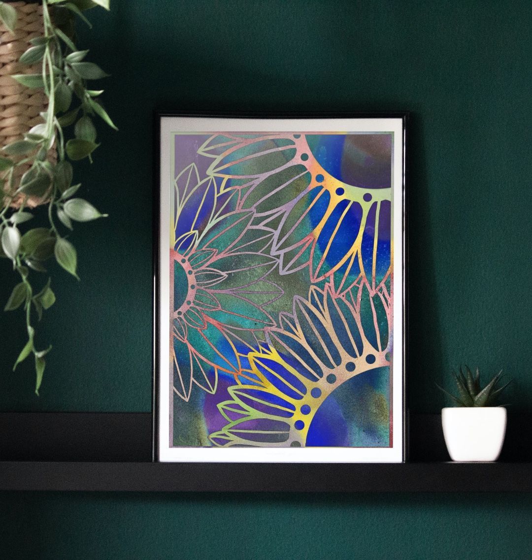 Neon sunflowers poster print.