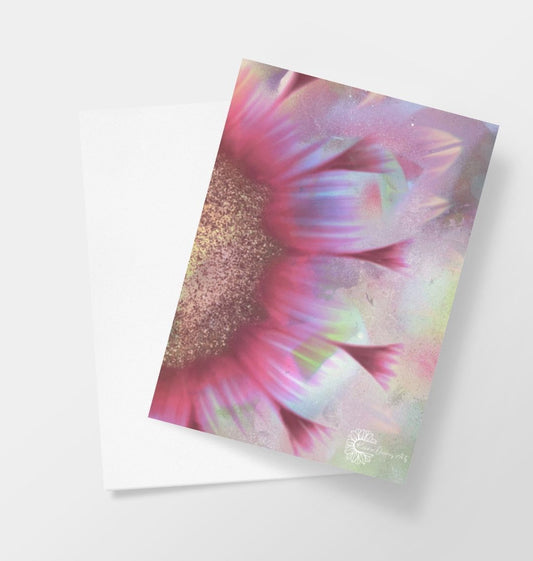 Spray painted pink sunflower greetings card.