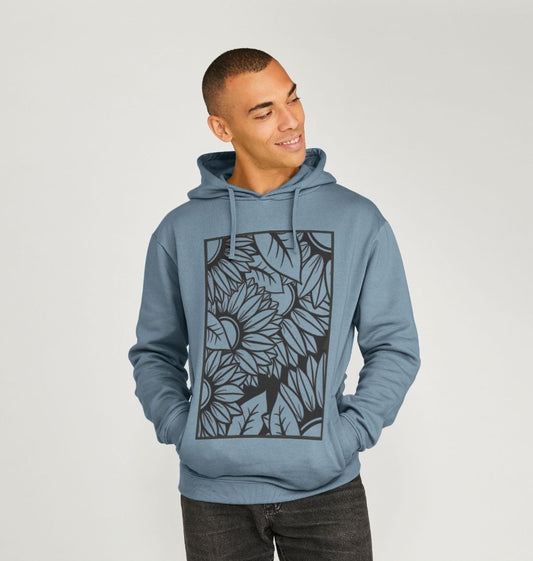 Black lined sunflower illustration, hoodie.