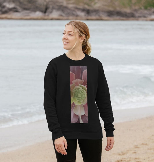 Woman’s green to purple ombré succulent banner sweater.