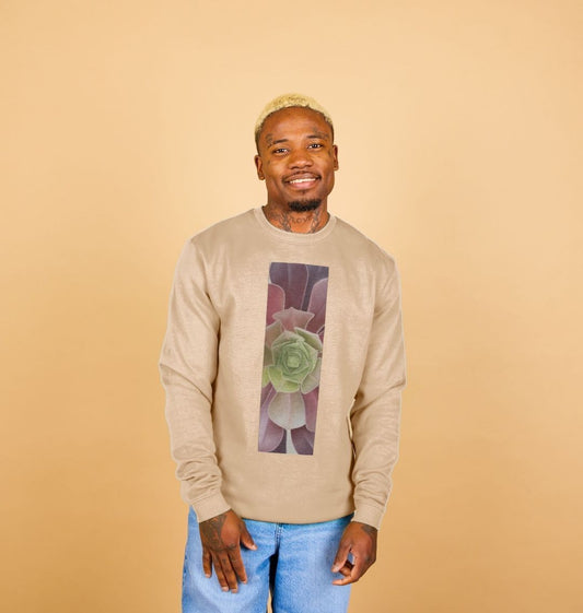 Men’s green to purple succulent banner sweater.