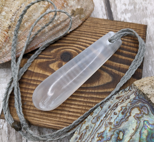 Selenite satin spar roimata teardrop pendant.