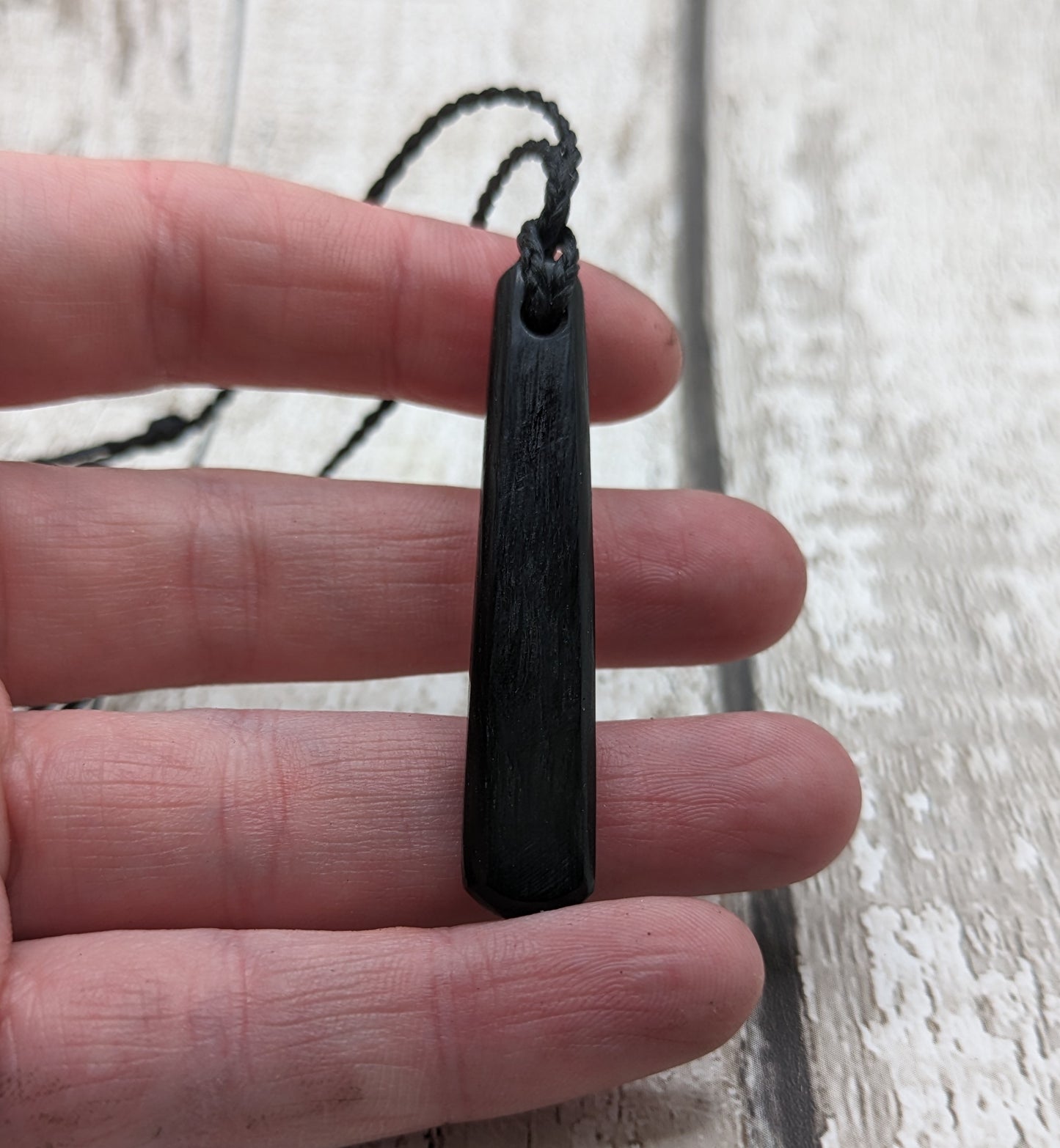 Fenland bog oak roimata pendants with mussel shell and copper wire