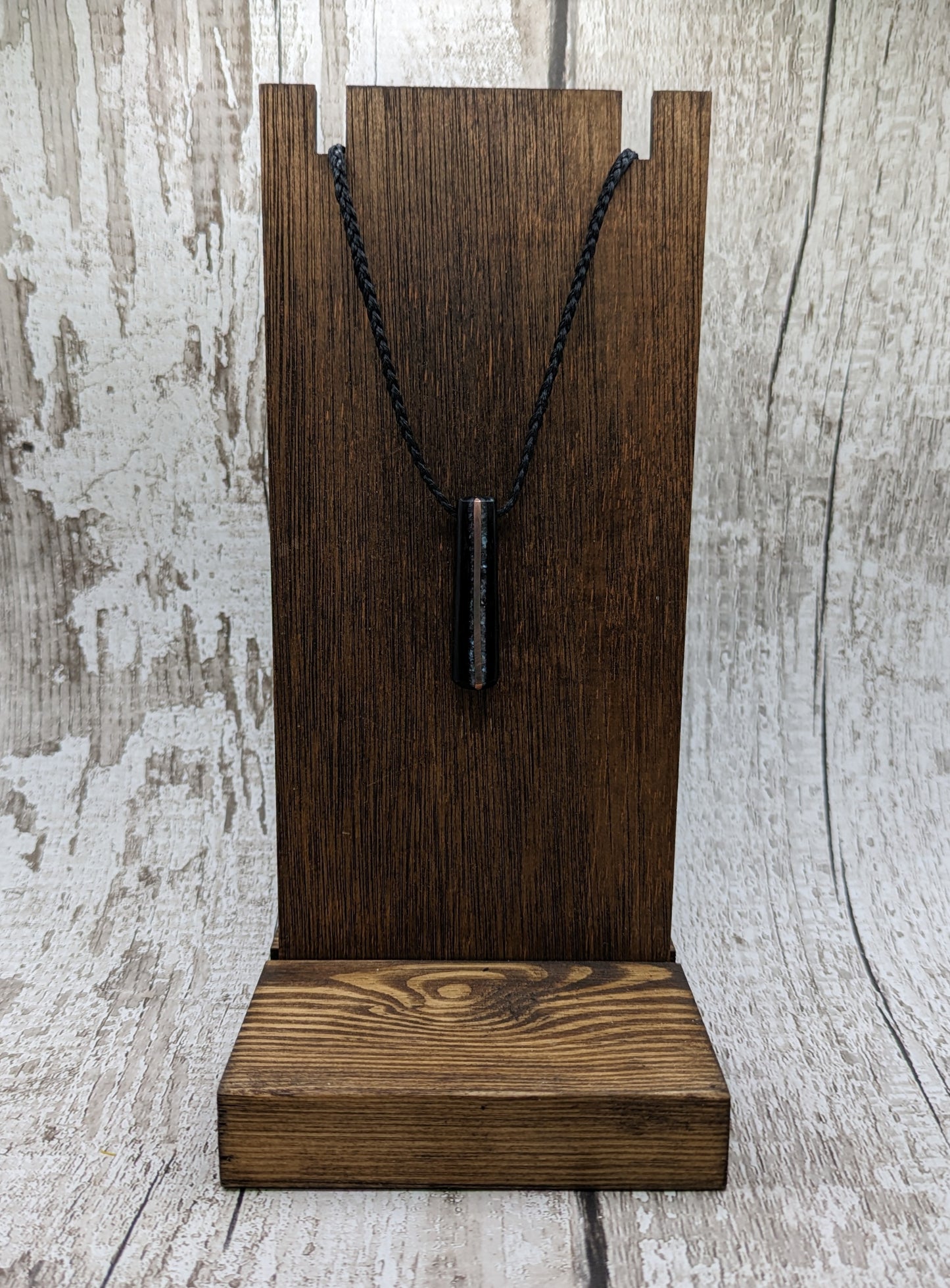 Fenland bog oak roimata pendant with mussel shell and copper wire