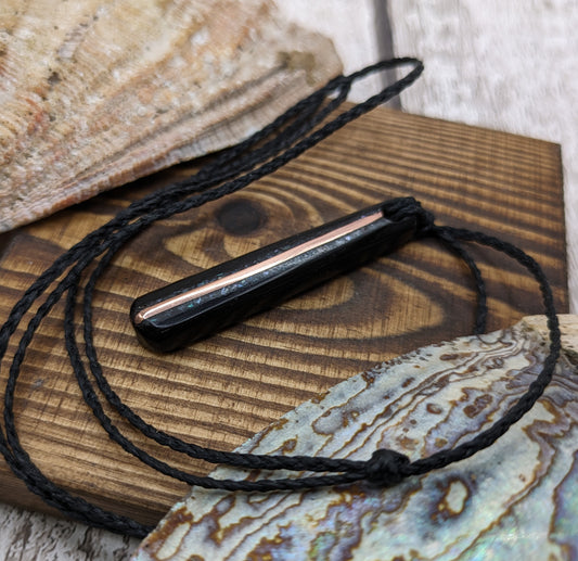 Fenland bog oak roimata pendants with mussel shell and copper wire