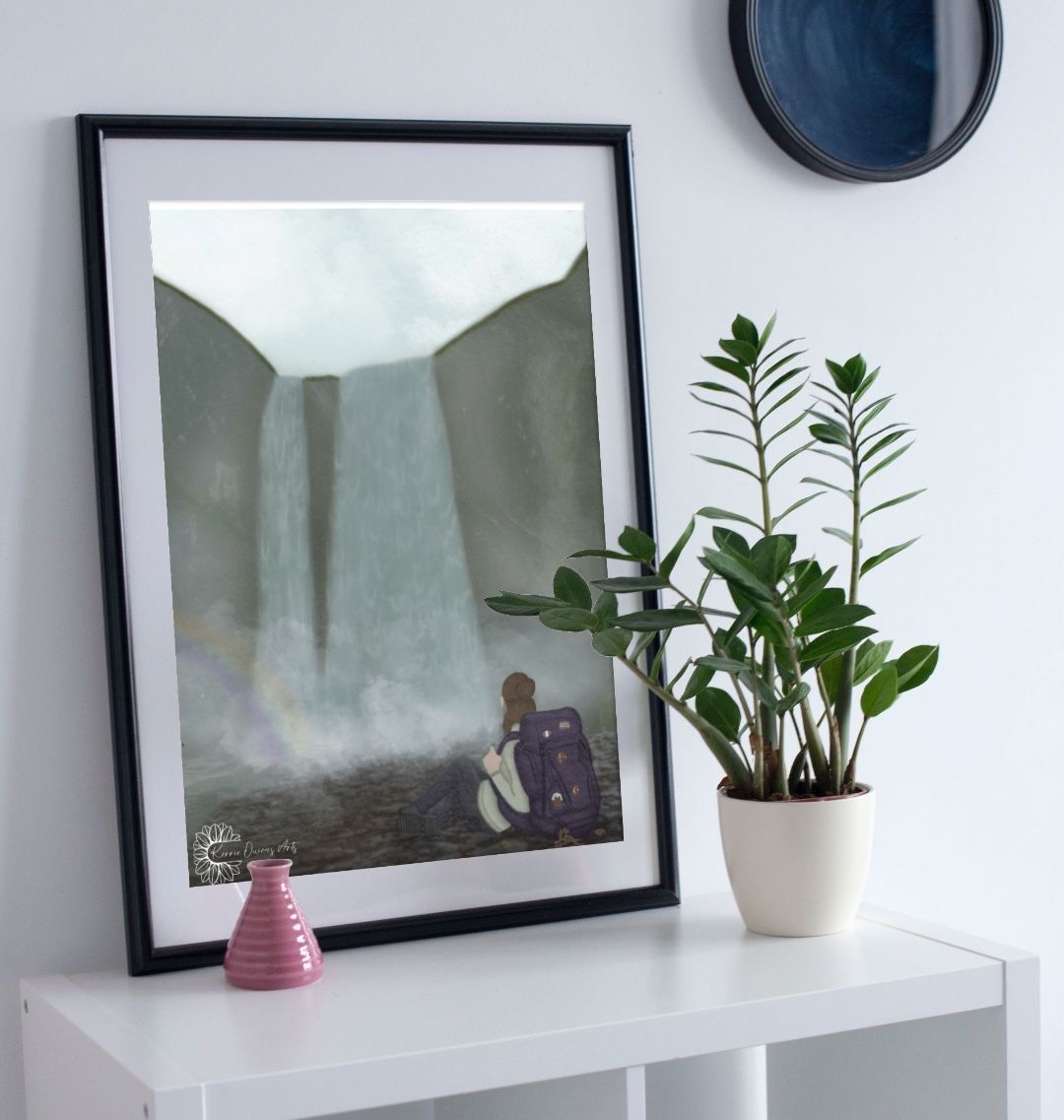 Reflection at skógafoss portrait poster print.