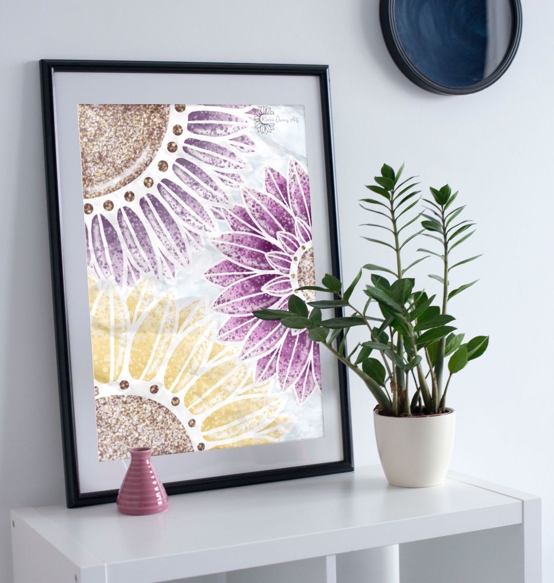 Triple paint splattered sunflower poster print.