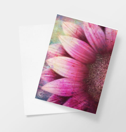 Textured pink sunflower greetings card.