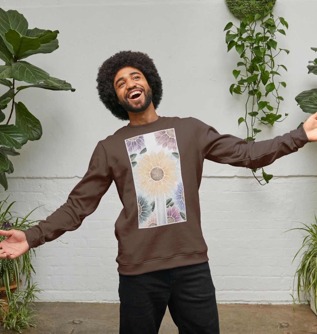 Unisex sunflower banner motif sweatshirt.