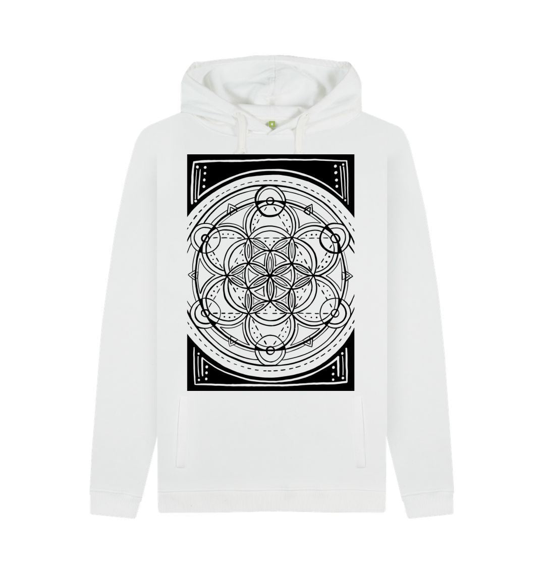 White Unisex Geometric flower of life hoodie.