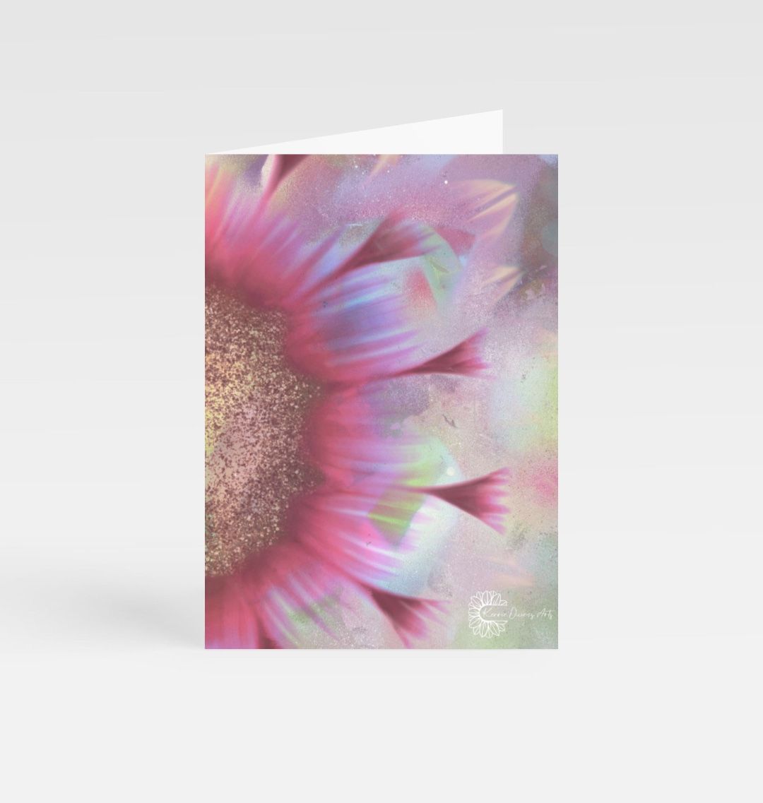 Spray painted pink sunflower greetings card.