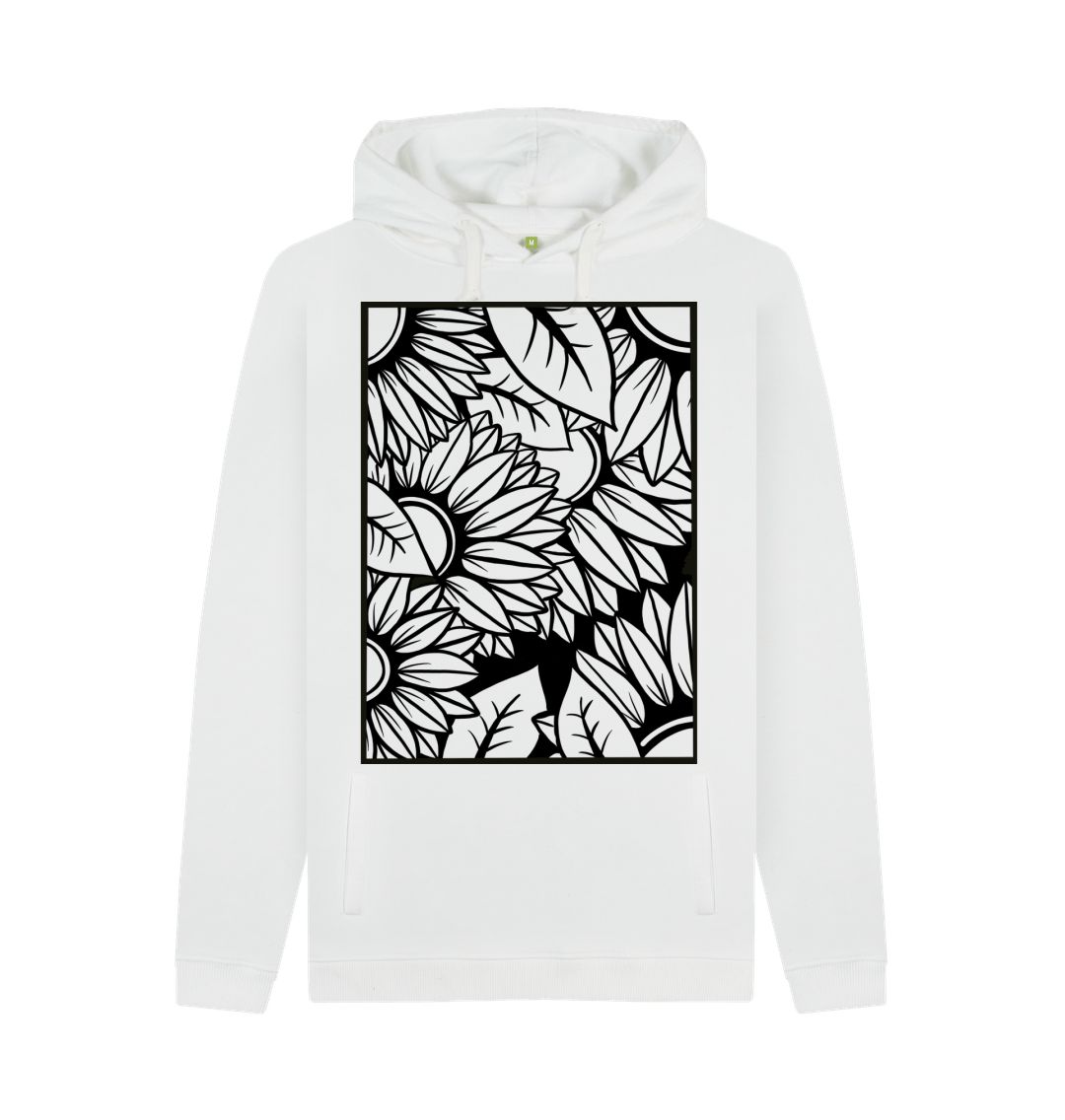 White Black lined sunflower illustration, hoodie.