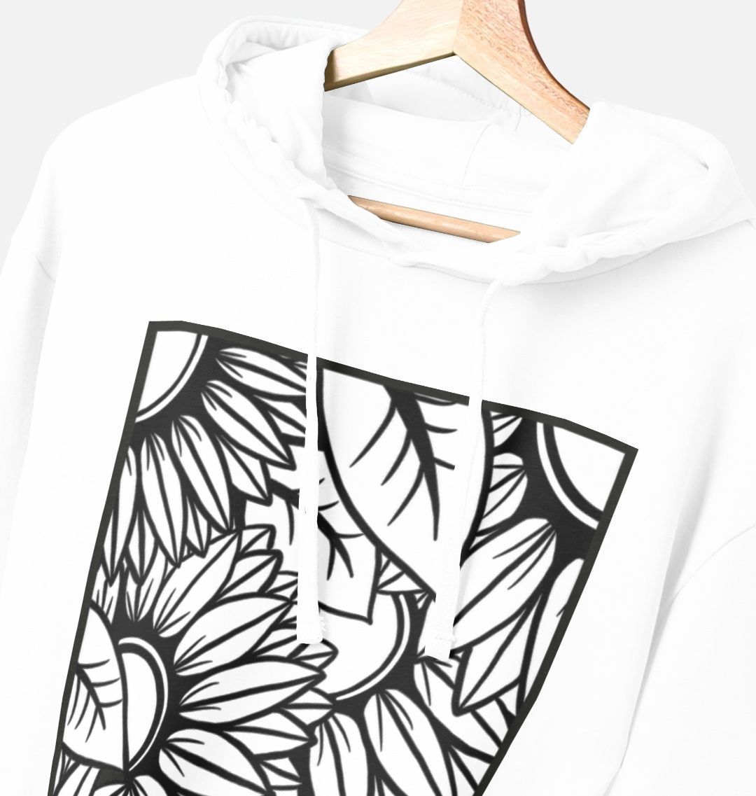 Black lined sunflower illustration, hoodie.