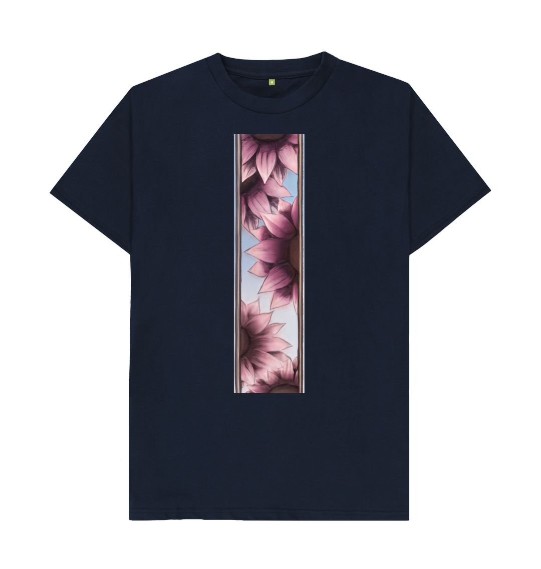 Navy Blue Unisex stripe of pink flowers T-Shirt.