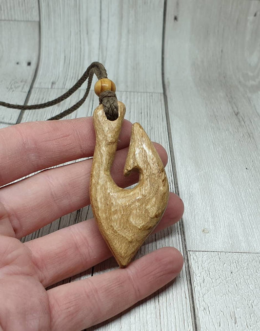 Hand-Carved Ash Wood Pendant - Polynesian Hei Matau Fish Hook Design