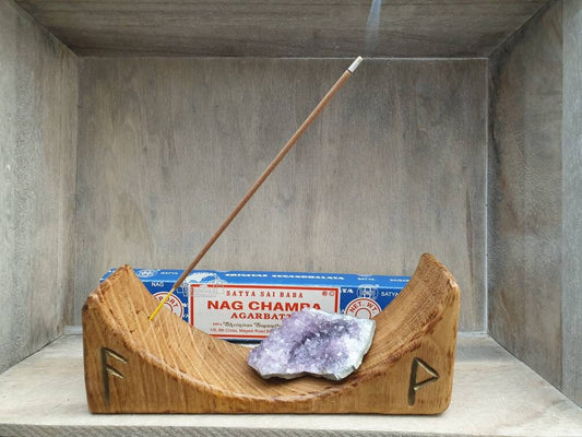 Reclaimed wood and Rune symbol incense holder.