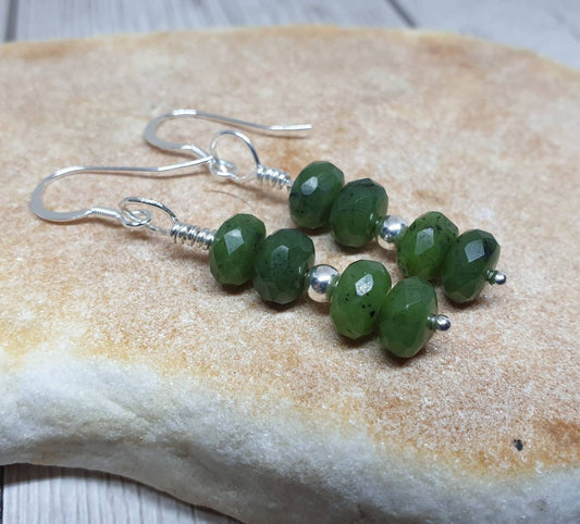 Nephrite jade faceted rondelle beaded earrings on 925 sterling silver.