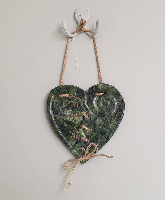 New Zealand pounamu Greenstone, serpentine hanging Healing Heart sculpture.